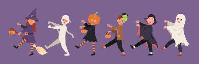 Premium Vector | Halloween parade, children in monster costume walking  together. illustration in a flat style